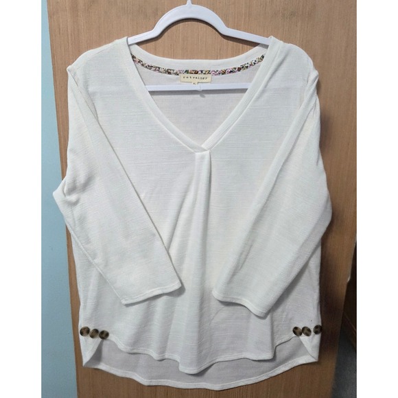 Retrology Womens Top XL White 3/4 Sleeve V Neck Decorative Button Casual Blouse - Picture 1 of 5